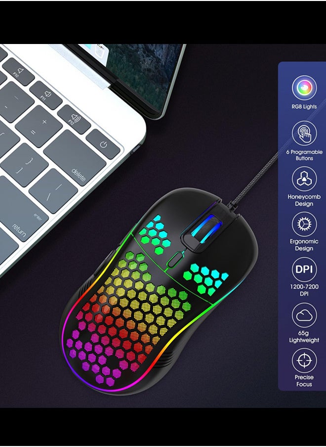 ماوس الألعاب السلكية من قرص الهني والإضاءة الخلفية RGB و 7200 DPI قابل للضبط وماوس كمبيوتر مريح وخفيف الوزن مع مستشعر عالي الدقة لألعاب الكمبيوتر الشخصي وأجهزة الكمبيوتر المحمولة (أسود