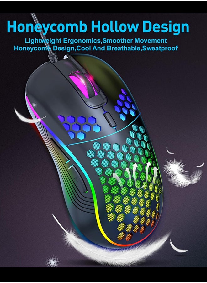 ماوس الألعاب السلكية من قرص الهني والإضاءة الخلفية RGB و 7200 DPI قابل للضبط وماوس كمبيوتر مريح وخفيف الوزن مع مستشعر عالي الدقة لألعاب الكمبيوتر الشخصي وأجهزة الكمبيوتر المحمولة (أسود