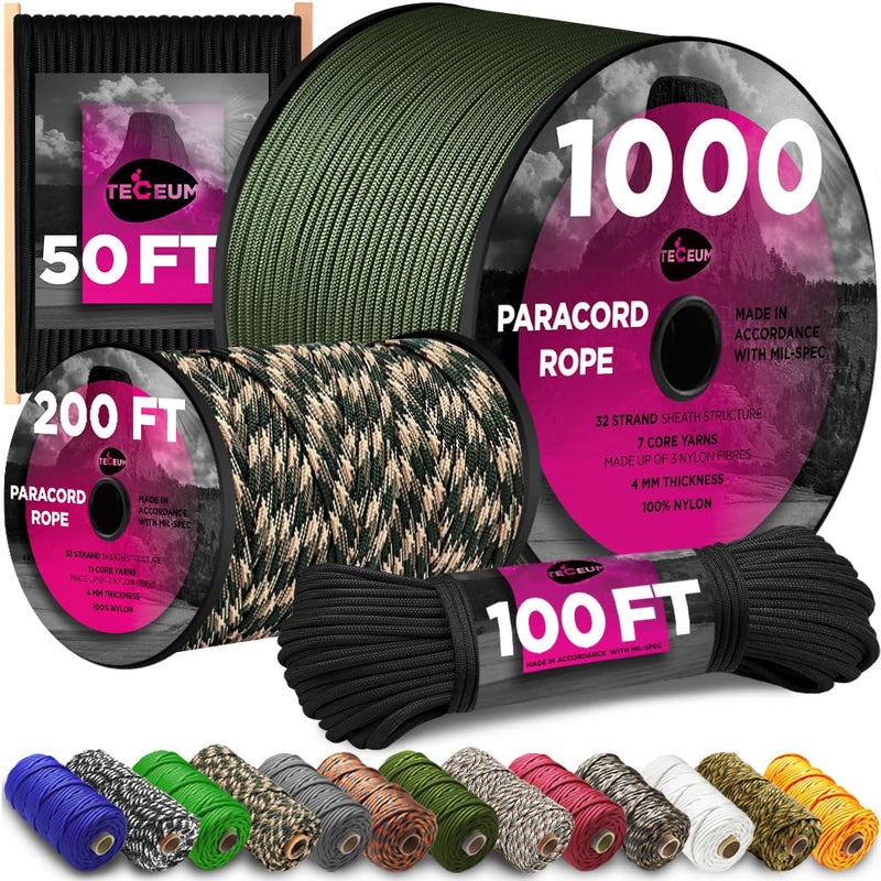 TECEUM Paracord Type IV 750 lb Black 016 â€“ 100 ft â€“ 4mm â€“ Nylon Strong Tactical MILâ€“SPEC Parachute Cord â€“ Survival Rope Emergency para Cord 11 Strands Core EDC Camping Hiking Military Gear 016a - Image 1