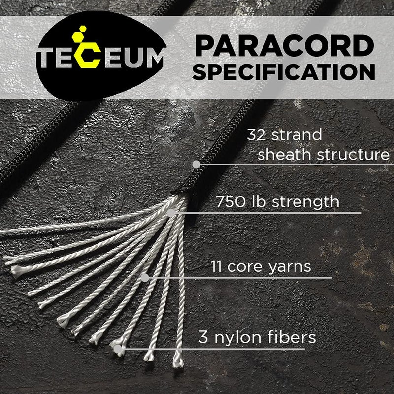 TECEUM Paracord Type IV 750 lb Black 016 â€“ 100 ft â€“ 4mm â€“ Nylon Strong Tactical MILâ€“SPEC Parachute Cord â€“ Survival Rope Emergency para Cord 11 Strands Core EDC Camping Hiking Military Gear 016a - Image 2