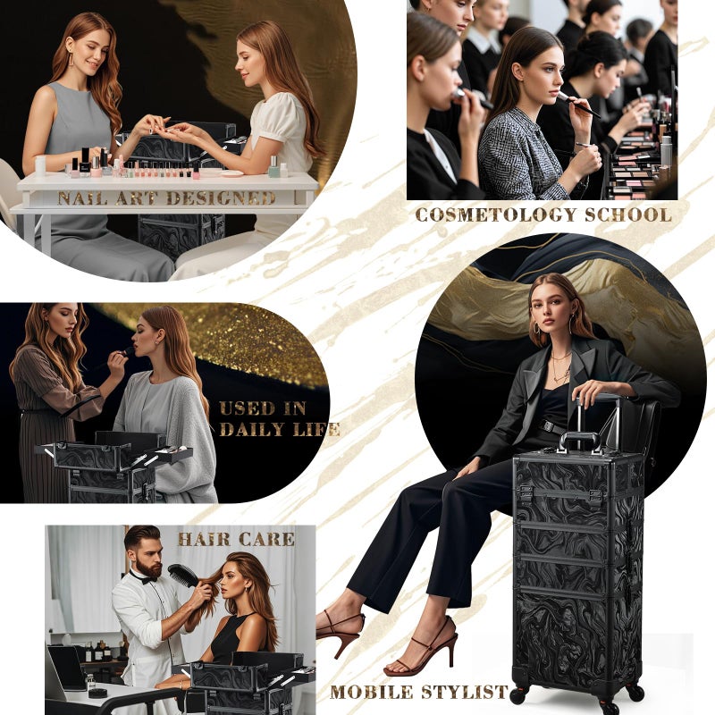 Stagiant Rolling Makeup Case Cosmetology Case on Wheels 4 in 1 Makeup Travel Case Extra Large Cosmetic Box with Key Make Up Artist Traveling Storage Nail Case Salon Barber Cart Trunk Alpine Black - Image 3