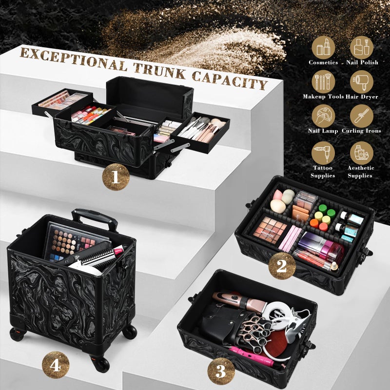 Stagiant Rolling Makeup Case Cosmetology Case on Wheels 4 in 1 Makeup Travel Case Extra Large Cosmetic Box with Key Make Up Artist Traveling Storage Nail Case Salon Barber Cart Trunk Alpine Black - Image 2