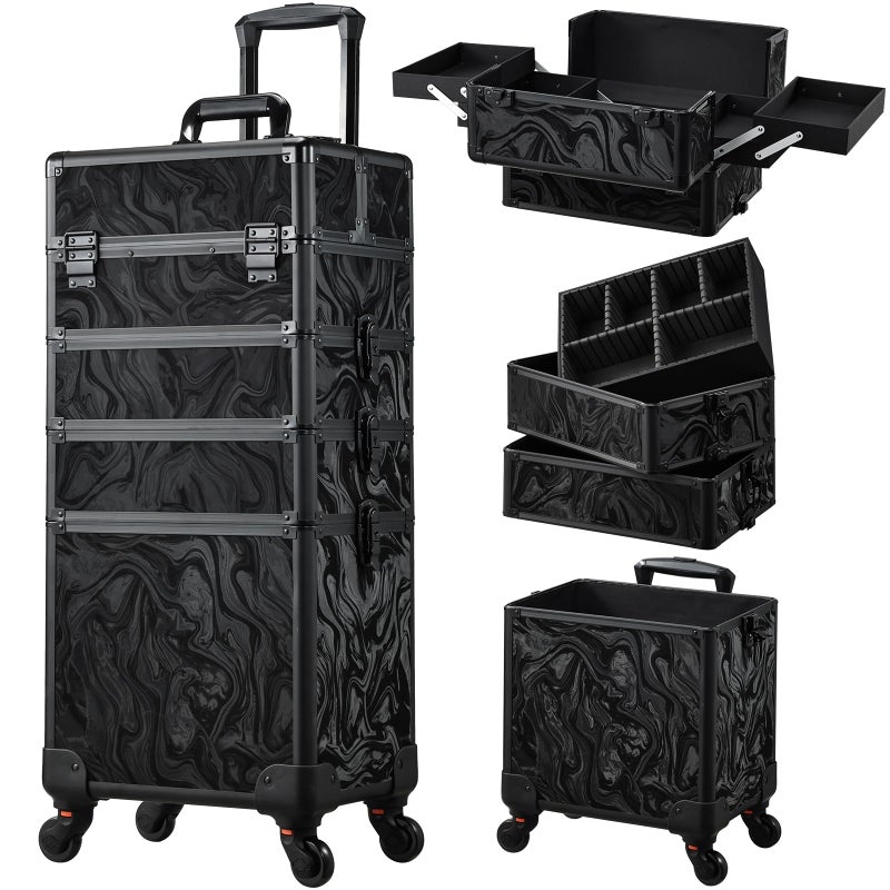 Stagiant Rolling Makeup Case Cosmetology Case on Wheels 4 in 1 Makeup Travel Case Extra Large Cosmetic Box with Key Make Up Artist Traveling Storage Nail Case Salon Barber Cart Trunk Alpine Black - Image 1