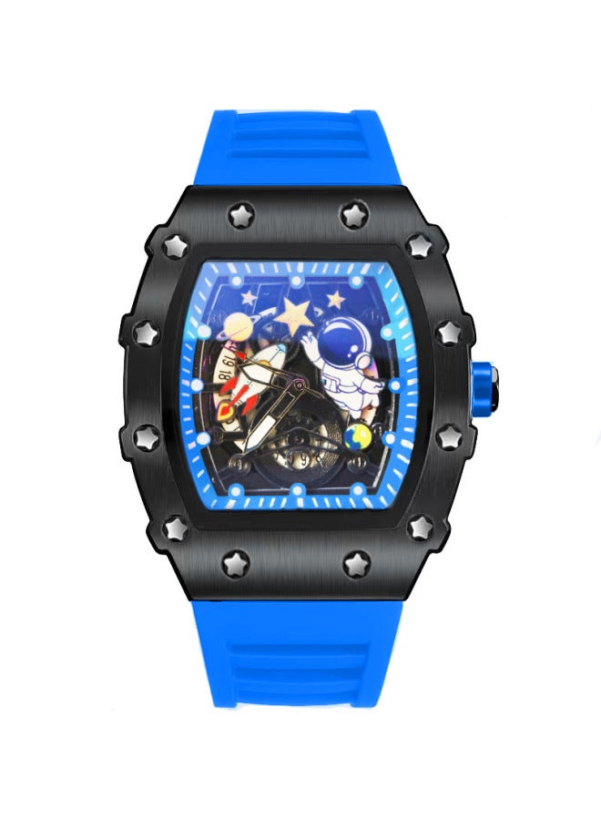 Men's Blue Strap Black Case Casual Waterproof Quartz Watch, Hollow Dial with Astronaut Pattern