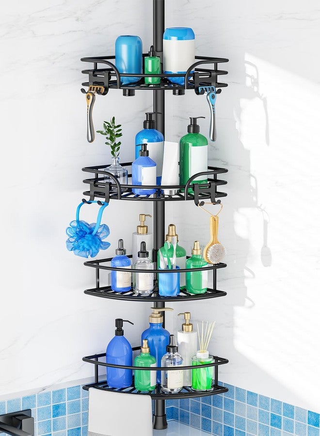 HAMITOR Corner Shower Caddy Tension Pole: 4-Tier Large Capacity Bathroom Organizer Shelf with Towel Bar - Rustproof No-Drill Adjustable 47-123 inch Storage for Renters, Home Bathtub Stand Rack, Black - Image 1