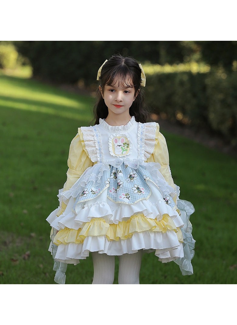 Loquat Girl's Lolita Fluffy Long Sleeve Dress Sending Hair Accessories Yellow/White  - Image 1