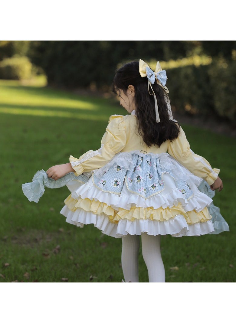 Loquat Girl's Lolita Fluffy Long Sleeve Dress Sending Hair Accessories Yellow/White  - Image 2
