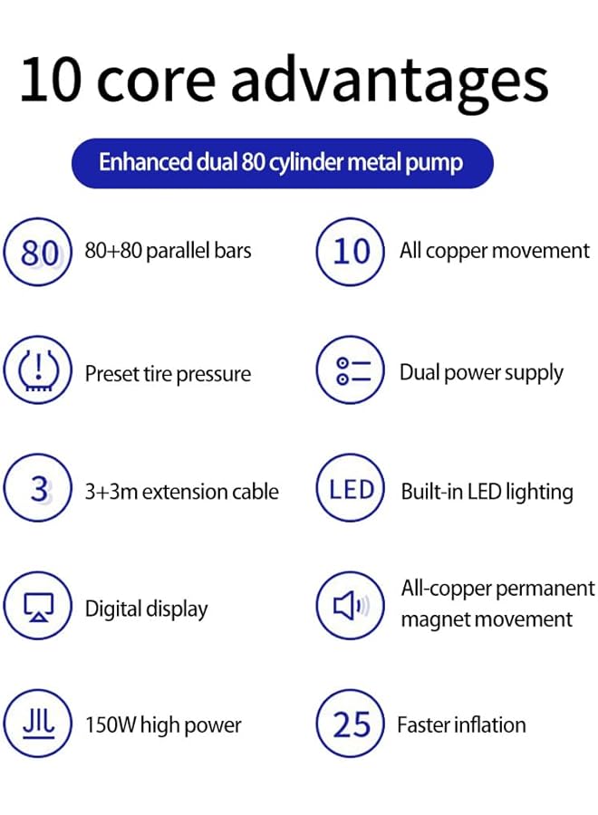 Tire Inflator,Electric Car Tire Inflator Pump Double Cylinder Air Compressor Tool Set,12V Portable With Digital Pressure Gauge,Emergency Led Light - Image 5