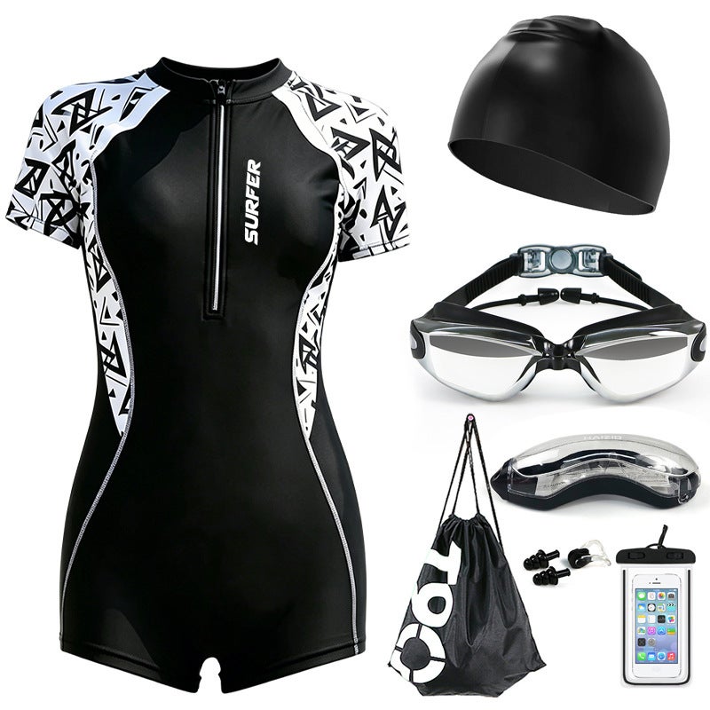 Women’s One-Piece Swimsuit Set with Goggles & Cap – Tummy Control, Slimming, Modest Short Sleeve Swimwear for Hot Springs & Pool (Complete Accessory Pack） - Image 1