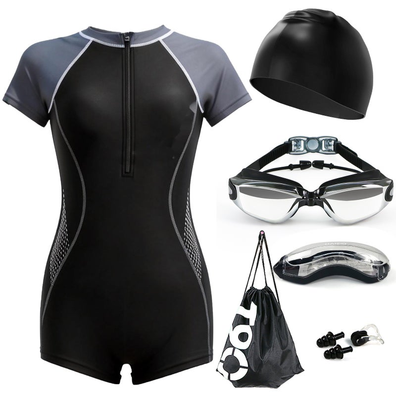 Women’s One-Piece Swimsuit Set with Goggles & Cap – Tummy Control, Slimming, Modest Short Sleeve Swimwear for Hot Springs & Pool (Complete Accessory Pack） - Image 2