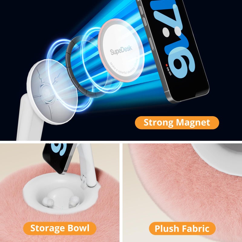 SupeDesk Magnetic Phone Pillow Stand, Phone Holder for Bed,Lap,Desk, Cozy Pillow Stand with Snack Bowl and 2 Magnetic Rings, Compatible with 3.5-7" iPhone,E-Reader, Kindle, Pink - Image 5