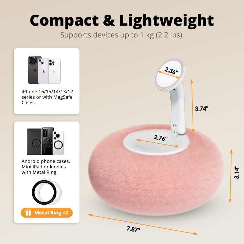 SupeDesk Magnetic Phone Pillow Stand, Phone Holder for Bed,Lap,Desk, Cozy Pillow Stand with Snack Bowl and 2 Magnetic Rings, Compatible with 3.5-7" iPhone,E-Reader, Kindle, Pink - Image 4