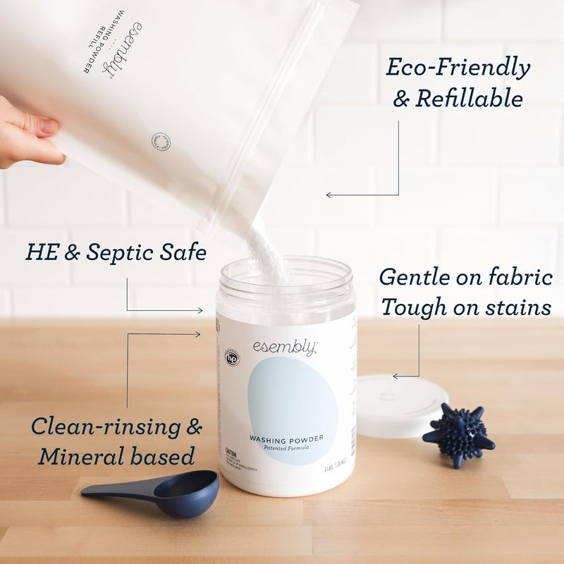 Esembly Laundry Washing Powder – HE Mineral Based Detergent for All Household Laundry and Cloth Diapers – Patented, Fragrance-Free, EWG Verified, Earth-Friendly, (3lb Refillable Canister and Scoop) - Image 4