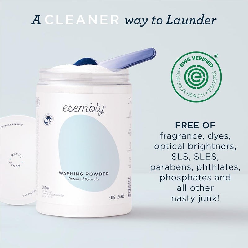 Esembly Laundry Washing Powder – HE Mineral Based Detergent for All Household Laundry and Cloth Diapers – Patented, Fragrance-Free, EWG Verified, Earth-Friendly, (3lb Refillable Canister and Scoop) - Image 3