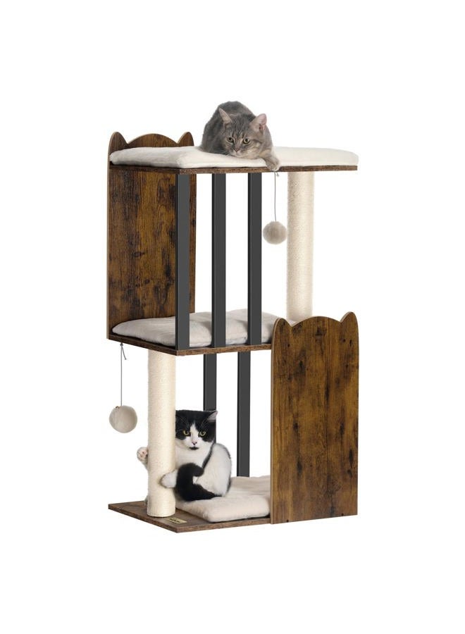 FourFurPets 35.4in 3-Tier Modern Cat Tree Tower Condo, Cat Scratch Posts for Indoor Cats, Big Plate, Two Full Sisal Scratching Posts, Rustic Brown - Image 1