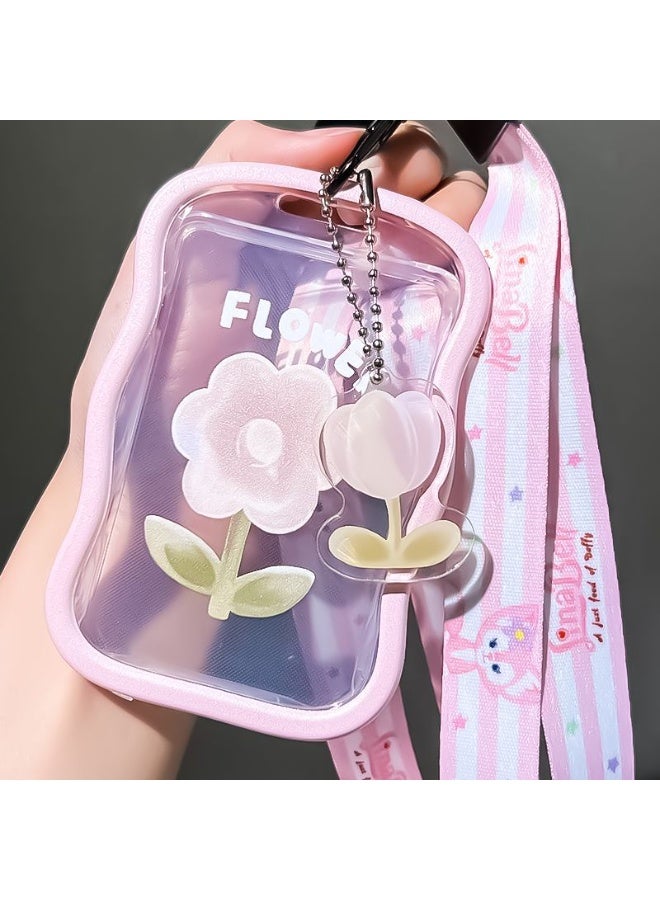 NIBEMINENT 1 - قطعة حامل بطاقة صور زهور وردية كيبوب مع قلادة سلسلة مفاتيح حامل بطاقة تعريف حامل بطاقة الهوية واقي بطاقة الصور للمدرسة بطاقة تعريف المكتب بطاقة الوصول للنساء والفتيات