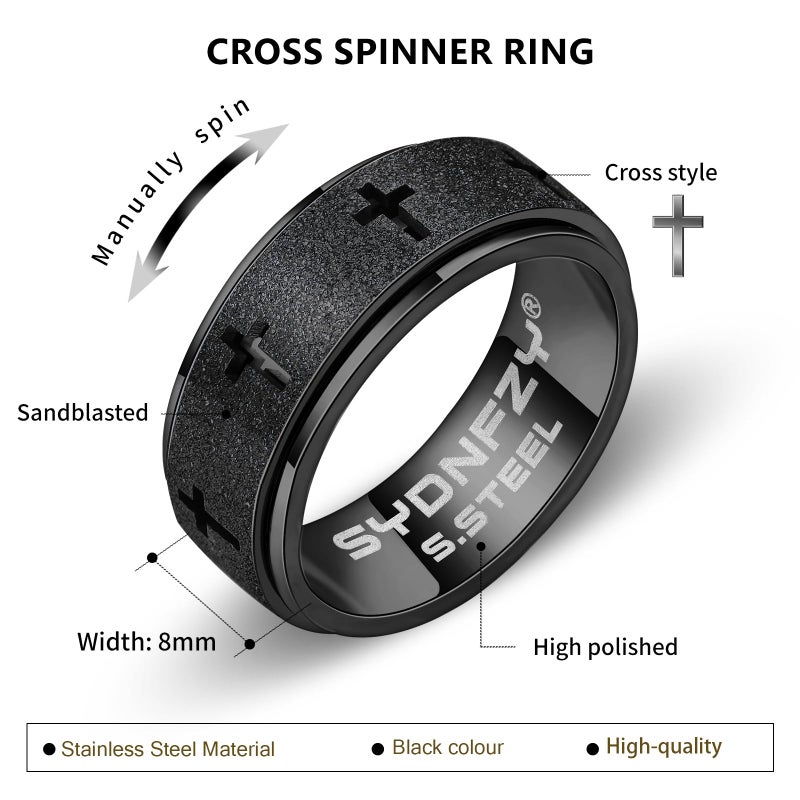 SYDNFZY Anxiety Spinner Ring for Men - Stainless Steel Fidget Spinner Ring, Band Cross Thumb Roating Rings for Stress Relief 8mm Anxiety Relieve Fidget Toys for Adults Ring Size 6 7 8 9 10 11 (Black, 7) - Image 2