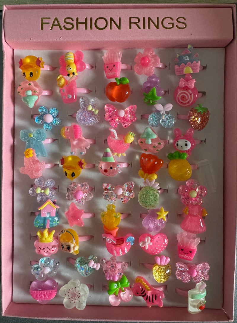 50PCS Little Girl Jewel Rings in Box, Adjustable, Girl Pretend Play and Dress Up Rings，Random Shape Color,Birthday Gift-Cute dessert Design-Mix Crystal  - Image 1