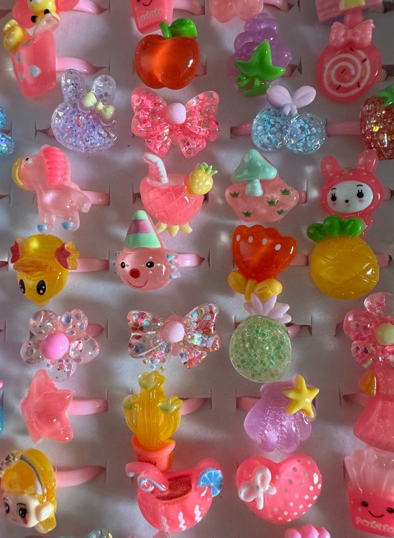50PCS Little Girl Jewel Rings in Box, Adjustable, Girl Pretend Play and Dress Up Rings，Random Shape Color,Birthday Gift-Cute dessert Design-Mix Crystal  - Image 2