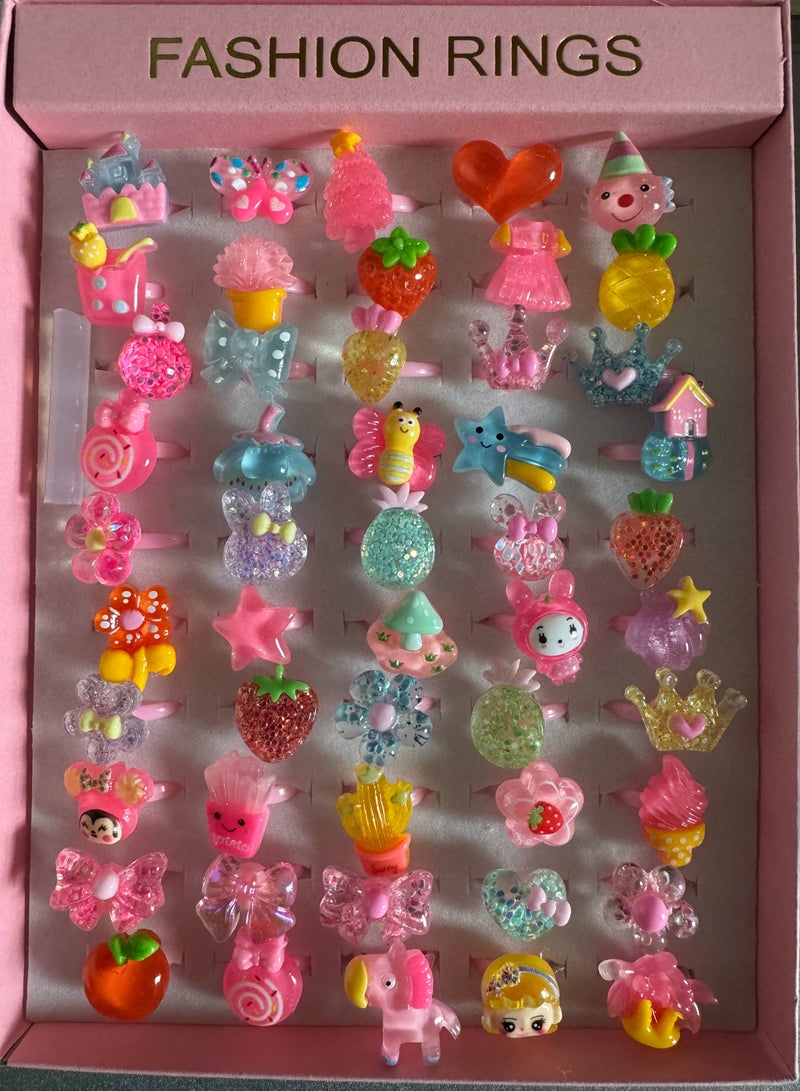 50PCS Little Girl Jewel Rings in Box, Adjustable, Girl Pretend Play and Dress Up Rings，Random Shape Color,Birthday Gift-Cute dessert Design-Mix Crystal  - Image 3