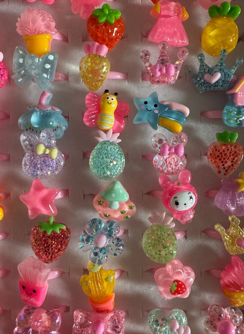50PCS Little Girl Jewel Rings in Box, Adjustable, Girl Pretend Play and Dress Up Rings，Random Shape Color,Birthday Gift-Cute dessert Design-Mix Crystal  - Image 4