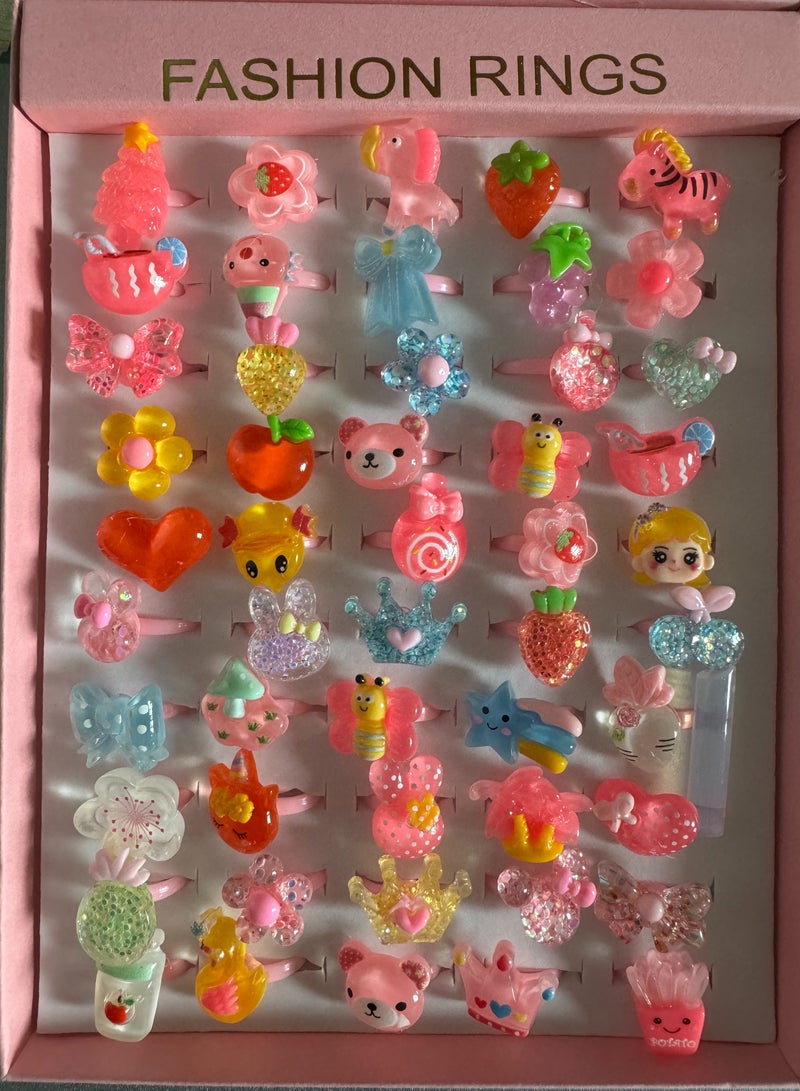 50PCS Little Girl Jewel Rings in Box, Adjustable, Girl Pretend Play and Dress Up Rings，Random Shape Color,Birthday Gift-Cute dessert Design-Mix Crystal  - Image 5