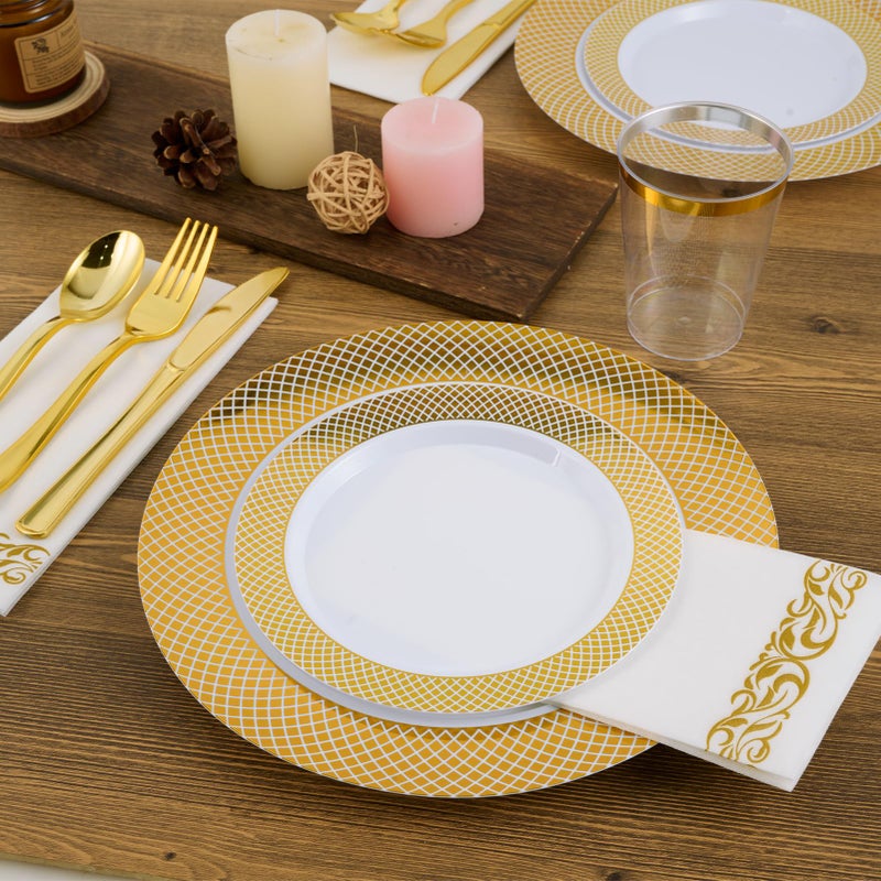 FOCUSLINE Gold Plastic Plates Set of 102  Disposable Plates with Gold Grid Rim 51 Dinner Plates 10"" and 51 Salad Dessert Appetizer Plates 7""  Elegant Fancy Heavy Duty Wedding Party Plates - Image 3