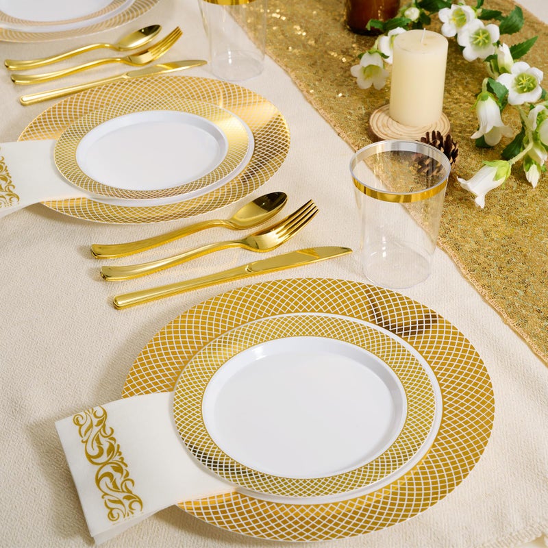 FOCUSLINE Gold Plastic Plates Set of 102  Disposable Plates with Gold Grid Rim 51 Dinner Plates 10"" and 51 Salad Dessert Appetizer Plates 7""  Elegant Fancy Heavy Duty Wedding Party Plates - Image 2