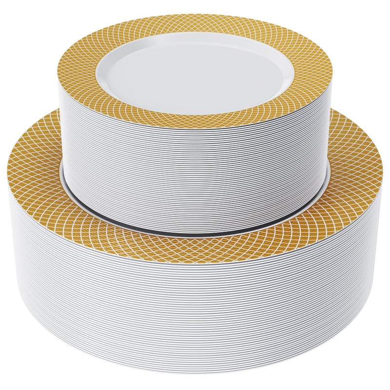 FOCUSLINE Gold Plastic Plates Set of 102  Disposable Plates with Gold Grid Rim 51 Dinner Plates 10"" and 51 Salad Dessert Appetizer Plates 7""  Elegant Fancy Heavy Duty Wedding Party Plates - Image 1