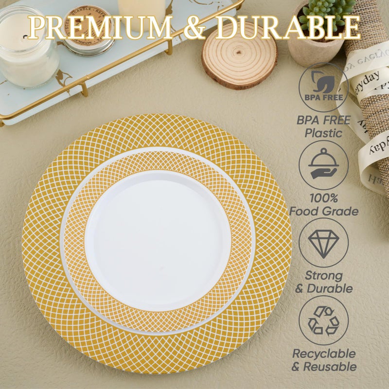 FOCUSLINE Gold Plastic Plates Set of 102  Disposable Plates with Gold Grid Rim 51 Dinner Plates 10"" and 51 Salad Dessert Appetizer Plates 7""  Elegant Fancy Heavy Duty Wedding Party Plates - Image 4