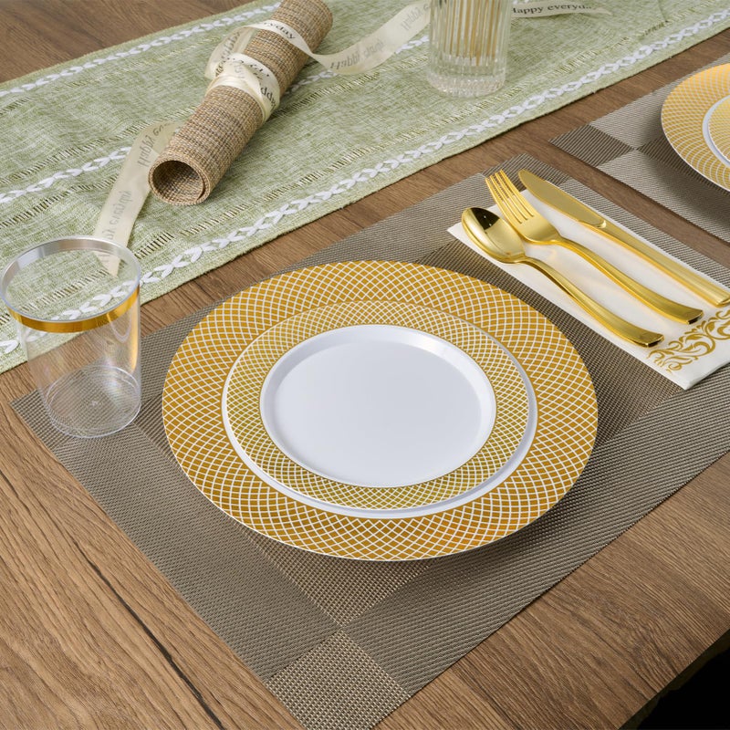 FOCUSLINE Gold Plastic Plates Set of 102  Disposable Plates with Gold Grid Rim 51 Dinner Plates 10"" and 51 Salad Dessert Appetizer Plates 7""  Elegant Fancy Heavy Duty Wedding Party Plates - Image 5