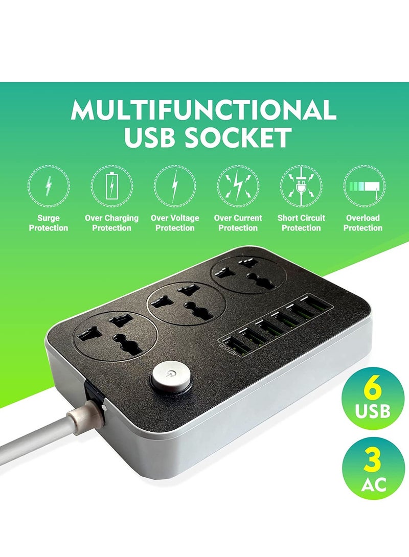 ELTRAZONE Power Strips Extension Cord 3 Outlets, Power Socket with 6 USB Ports Universal Charging Socket with 2M Bold Extension Cord  - Image 2