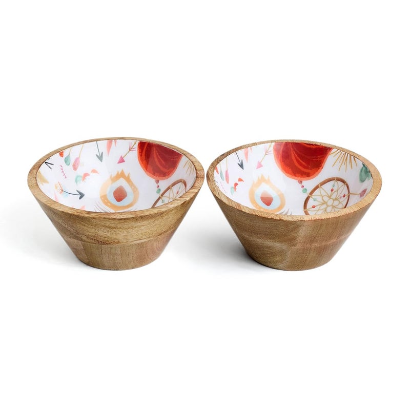 SAAGA Wooden Nuts Bowl Pack of 2Pcs 6 Inch X 3 Inch Printed Mango Wood Serving Bowl for Dip Sauce Nuts Candy Fruits Appetizer Snacks Burnt Sienna - Image 1