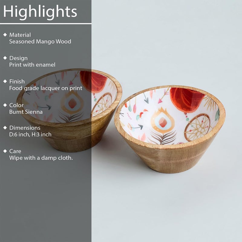 SAAGA Wooden Nuts Bowl Pack of 2Pcs 6 Inch X 3 Inch Printed Mango Wood Serving Bowl for Dip Sauce Nuts Candy Fruits Appetizer Snacks Burnt Sienna - Image 3