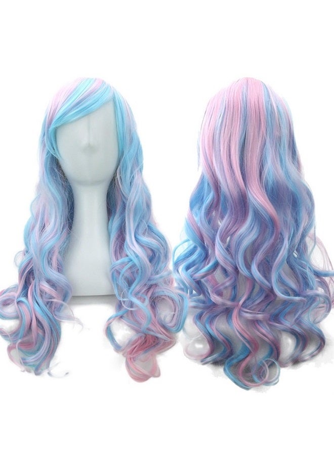 crazy cart Straightened length 27.6" Wig mixed color Long Curly Wavy Hair Women and Girl Cosplay Party Costume Wig(Blue, purple) - Image 1