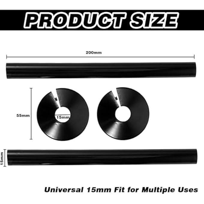 2 PACK 15MM RADIATOR PIPE COVERS & COLLARS BLACK, 2 X 15MM CLIP-ON COLLAR COVERS WITH 2 X 200MM PIPE SLEEVES, EASY TO INSTALL, FOR A PROFESSIONAL HOME FINISHING - Image 2
