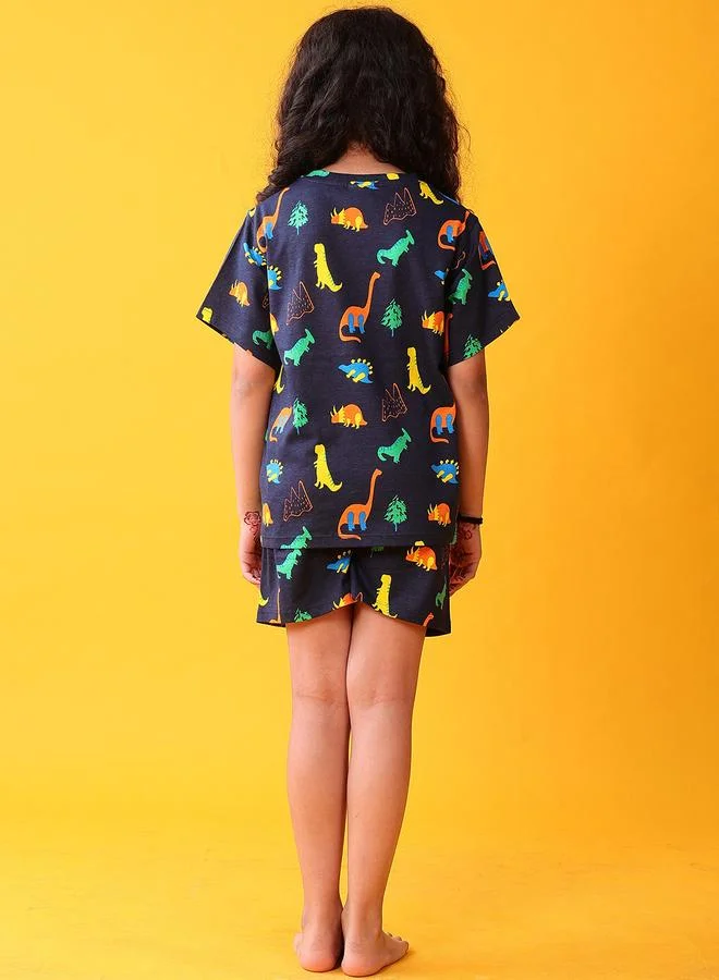 Anthrilo Kids Dinosaur Print Cotton T-Shirt and Shorts Set