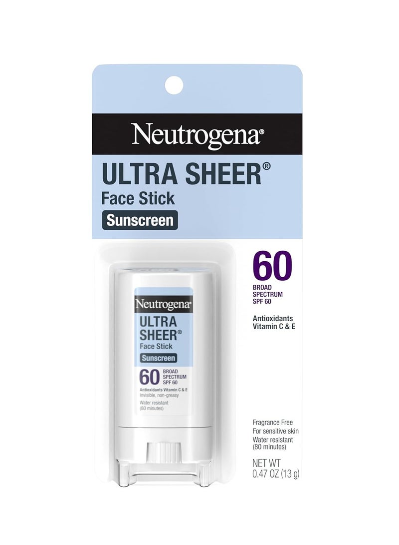 Neutrogena Ultra Sheer SPF 60 Face Sunscreen Stick, Water Resistant Facial Stick with Broad Spectrum SPF 60 Protection for Sensitive Skin, Mini Travel Sunscreen, Oxybenzone-Free, 0.47 ozounce - Image 1