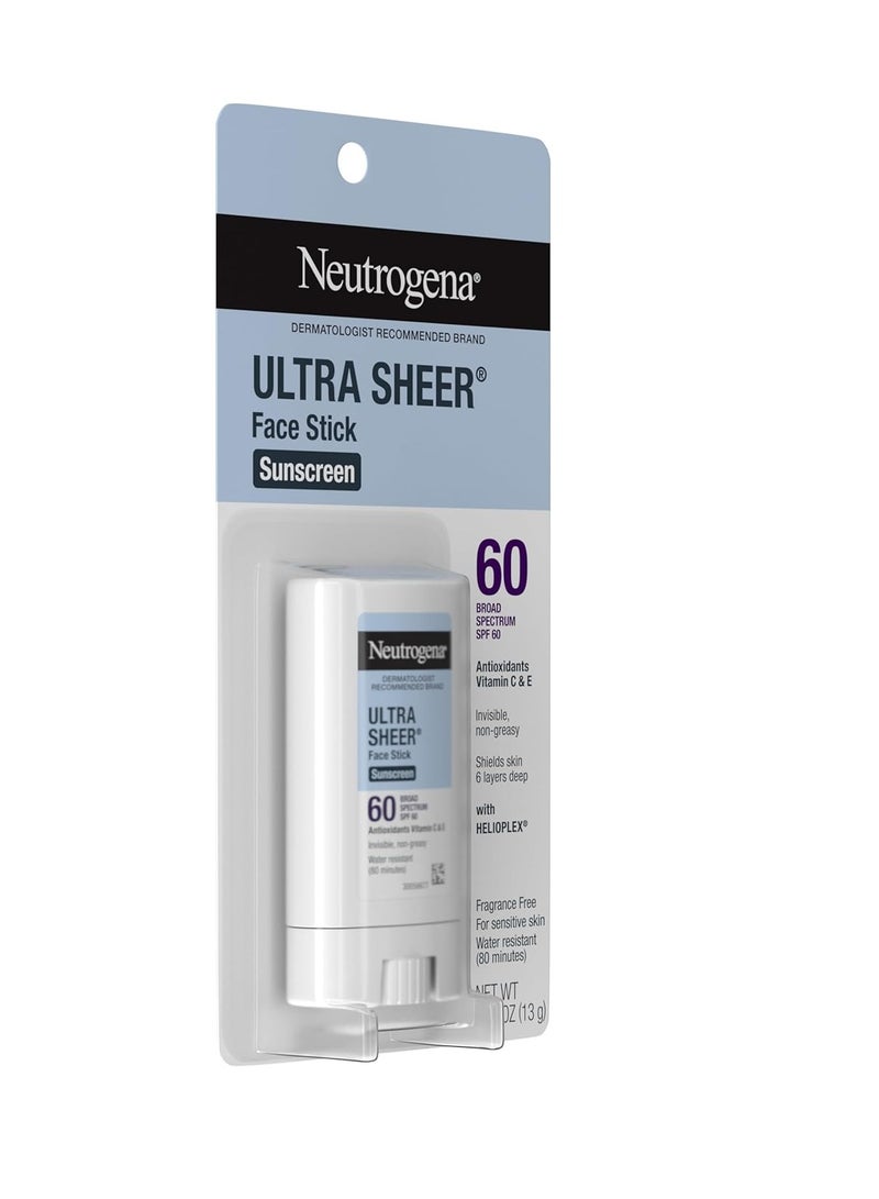 Neutrogena Ultra Sheer SPF 60 Face Sunscreen Stick, Water Resistant Facial Stick with Broad Spectrum SPF 60 Protection for Sensitive Skin, Mini Travel Sunscreen, Oxybenzone-Free, 0.47 ozounce - Image 2