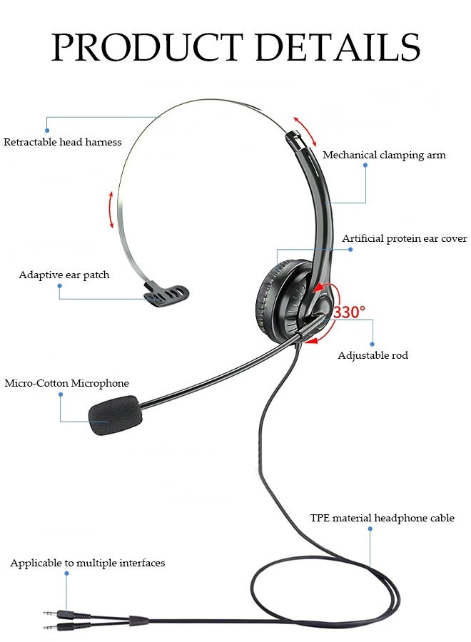 DUNISO Single Ear Headset with Noise-Canceling Microphone，Single Ear Head-Mounted Headset with 2-In-1 3.5 MM Headphone Audio Cable，Wired One Ear Headset with Adjustable Headband，for PC Laptop, Tablet Scope of Application - Image 2