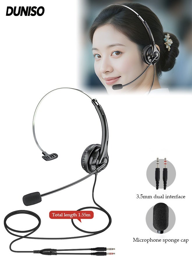 DUNISO Single Ear Headset with Noise-Canceling Microphone，Single Ear Head-Mounted Headset with 2-In-1 3.5 MM Headphone Audio Cable，Wired One Ear Headset with Adjustable Headband，for PC Laptop, Tablet Scope of Application - Image 1