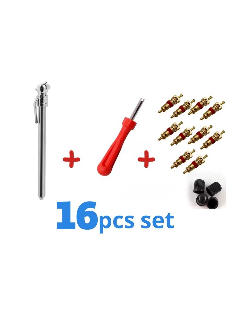 Tire Valve Wrench Set with Pressure Gauge for Cars and Bikes, 16 Pieces, Complete Set of 16 Pieces Consists of 1 Air Valve Wrench, 10 Tire Valves, 1 Air Pressure Gauge and 4 Car Tire Valve Covers - Image 1