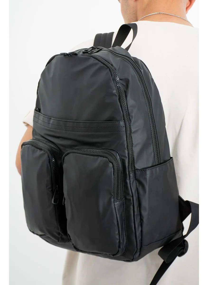 Sanmorris Black Men's Waterproof Crinkle Fabric Functional Backpack with Laptop Compartment