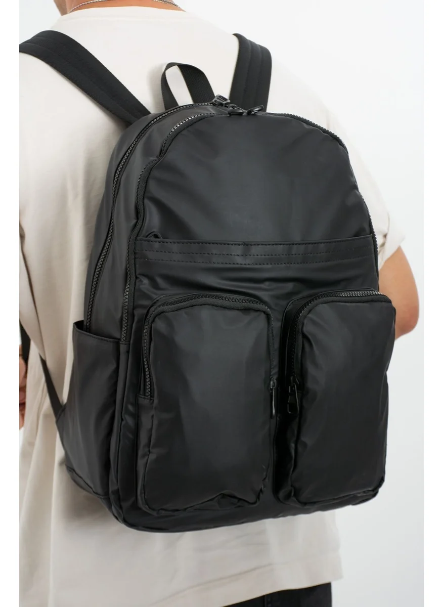 Sanmorris Black Men's Waterproof Crinkle Fabric Functional Backpack with Laptop Compartment