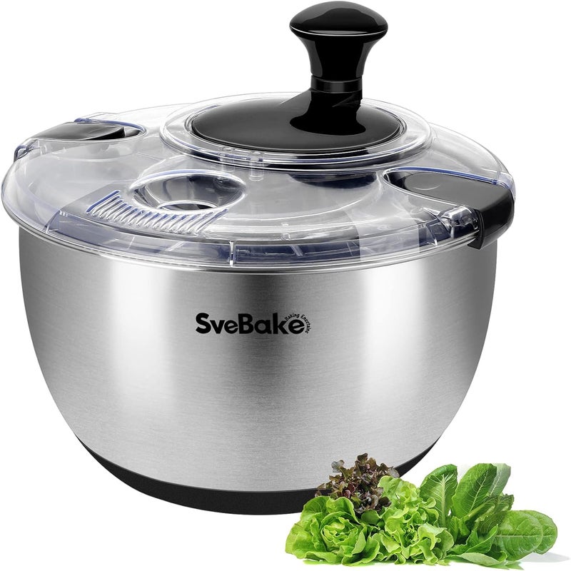 SveBake Stainless Steel Salad Spinner, 4.8 Qt Vegetable Washer, BPA-Free Lettuce Dryer with Crank Design, Dishwasher Safe, Non-Slip Base - Transparent Lid - Image 1