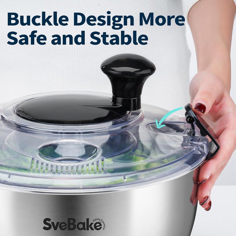 SveBake Stainless Steel Salad Spinner, 4.8 Qt Vegetable Washer, BPA-Free Lettuce Dryer with Crank Design, Dishwasher Safe, Non-Slip Base - Transparent Lid - Image 3