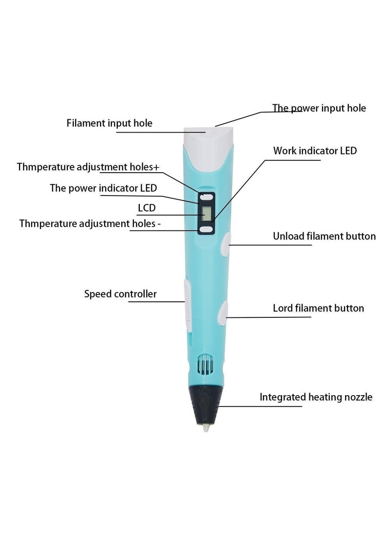 Generic قلم ثلاثي الأبعاد، قلم رسومات الشعار المبتكرة للطباعة ثلاثية الأبعاد مع شاشة LCD و150 قدمًا و15 لونًا بقطر 1.75 ملم من خيوط PLA، قلم طباعة رسم ثلاثي الأبعاد كهدية عيد الميلاد للأطفال والكبار (أزرق)