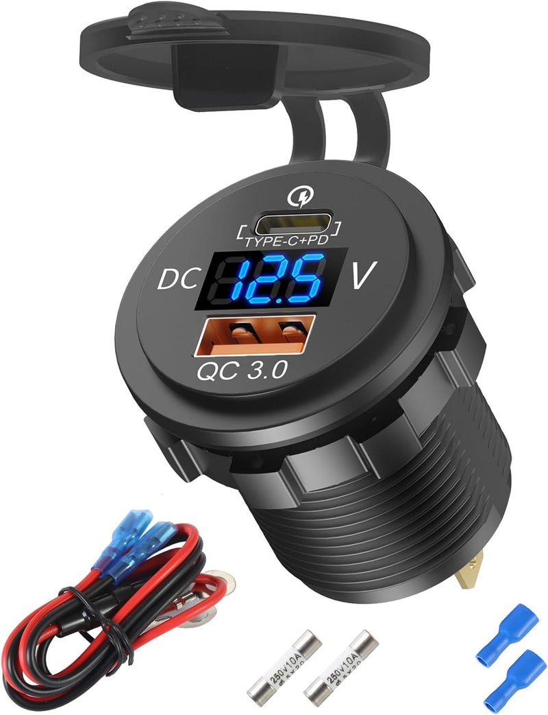 Hapytrip 48 واط 12 فولت منفذ USB منفذ USB C لمقبس السيارة، شحن PD 30 واط و QC 18 واط منافذ السيارة مقاومة للماء بديل ولاعة السجائر شاحن السيارة مع مقياس فولت رقمي LED للقوارب والمركبات البحرية والشاحنات وعربات الغولف وغيرها. - Image 1