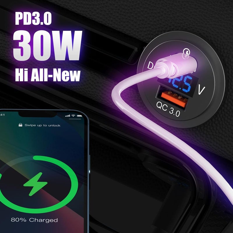 Hapytrip 48 واط 12 فولت منفذ USB منفذ USB C لمقبس السيارة، شحن PD 30 واط و QC 18 واط منافذ السيارة مقاومة للماء بديل ولاعة السجائر شاحن السيارة مع مقياس فولت رقمي LED للقوارب والمركبات البحرية والشاحنات وعربات الغولف وغيرها. - Image 3