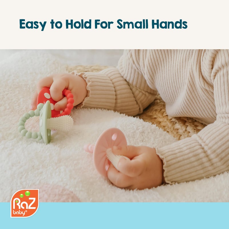 Razbaby لعبة عضاضة رازبابي الناعمة من السيليكون للأطفال والرضع 3M+ مع شعيرات تدليك لتخفيف آلام التسنين - تهدئة اللثة المؤلمة - عضاضة شومبي سهلة الإمساك وخالية من BPA (أحمر/أخضر) - Image 5